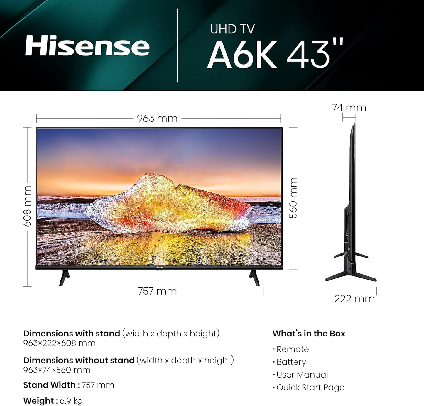 Hisense 43A6K 43'' 4K Smart LED TV Dolby