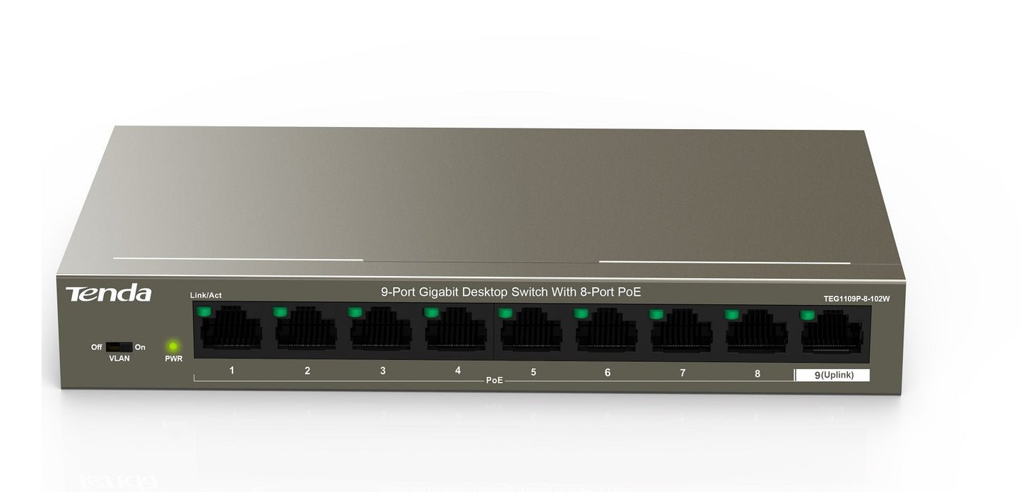 Tenda 9port Gigabit PoE Switch 8 PoE +1 Uplink 102W