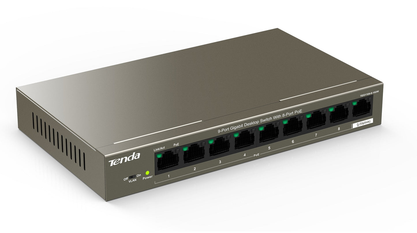 Tenda 9port Gigabit PoE Switch 8 PoE +1 Uplink 102W